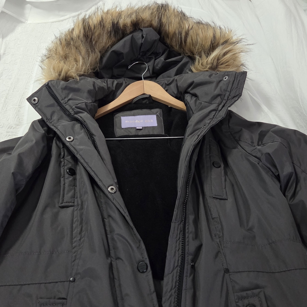Madden Girl Black Puffer Jacket with Faux Fur Hood - Dark Grey